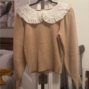 Lush Tan Sweater with White Collar
